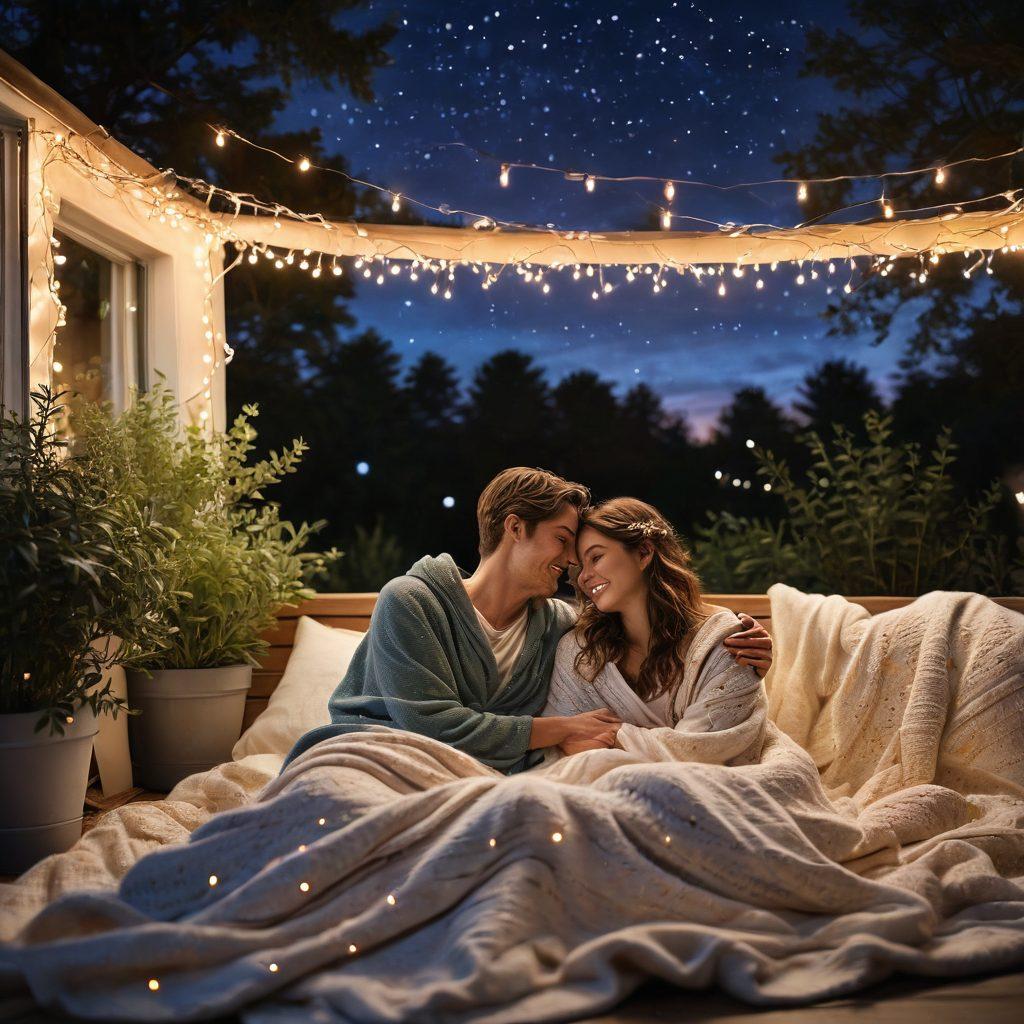 A cozy and intimate scene of a couple sitting under a starlit sky, holding hands and sharing laughter, surrounded by soft fairy lights and a warm blanket. Incorporate elements of nature like flowering plants and a gentle breeze to evoke a sense of closeness and connection. The mood should be warm and romantic, highlighting genuine emotions and the beauty of togetherness. vibrant colors. super-realistic. warm lighting.