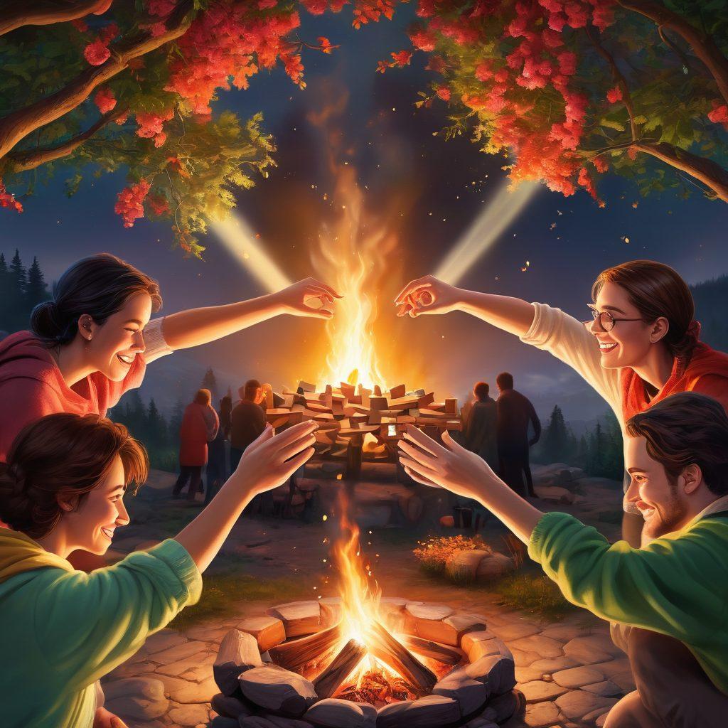 An idyllic scene showing diverse groups of friends and families engaged in meaningful activities together, like cooking, playing games, and sharing stories around a campfire. Incorporate warm, inviting colors that evoke a sense of togetherness and joy. Include subtle symbols of partnership, such as intertwined hands or puzzle pieces to represent unity. Capture the essence of connections with natural elements like trees and flowers surrounding them. vibrant colors. realistic style.