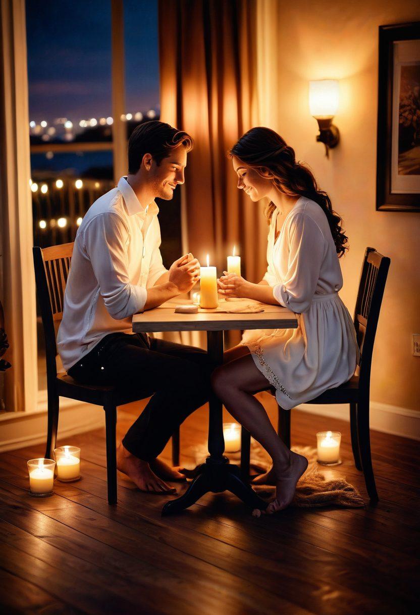 A romantic scene showcasing a couple in a cozy, candle-lit setting, sharing heartfelt conversations and laughter. The background features soft, warm colors and plush textures, symbolizing intimacy and emotional connection. Elements like intertwined hands and a glowing heart motif enhance the theme of soulmates. The atmosphere is dreamy, evoking feelings of love and connection. super-realistic. warm colors. soft focus.